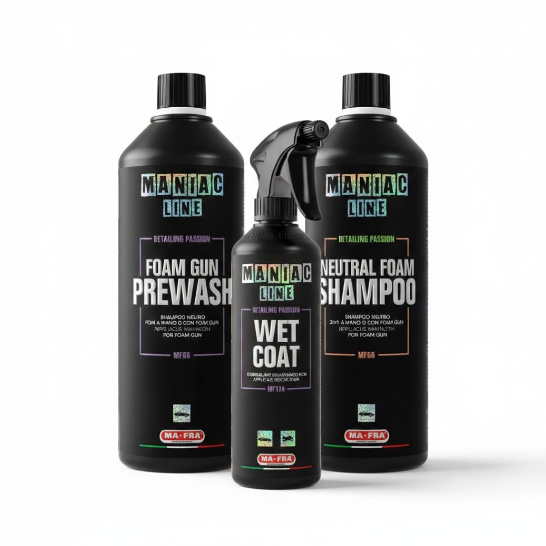 Three bottles of Maniac Line car care products on a white background