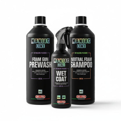 Three bottles of Maniac Line car care products on a white background
