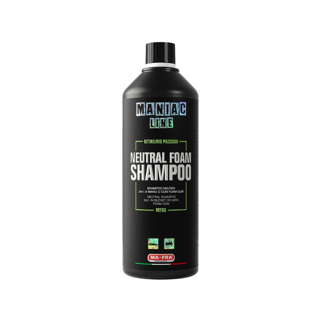 Black shampoo bottle labeled 'Mantic Line Neutral Foam Shampoo' on a white background