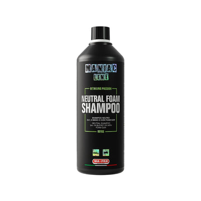 Black shampoo bottle labeled 'Mantic Line Neutral Foam Shampoo' on a white background
