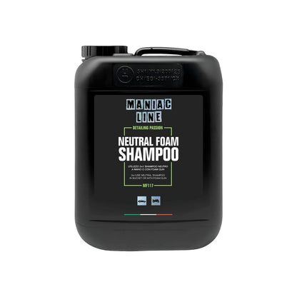 Black shampoo container with 'Maniac Line' branding on a white background