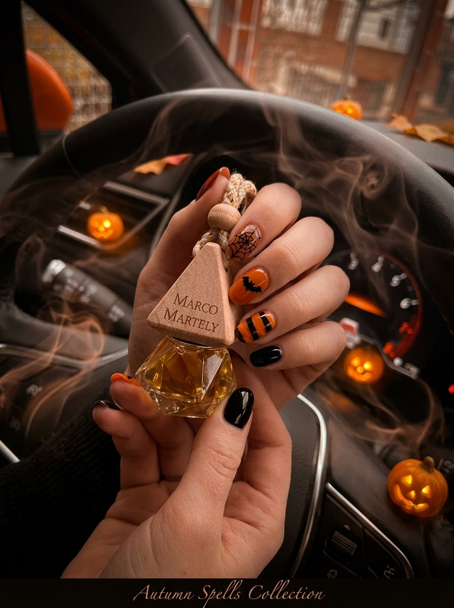 A hand with Halloween-themed nail art holds a small amber glass bottle with a wooden tag engraved 'Marco Martelly' inside a car. The scene has a smoky, atmospheric effect with orange jack-o'-lanterns on the dashboard and a 'Autuna Spells Collection' watermark at the bottom.