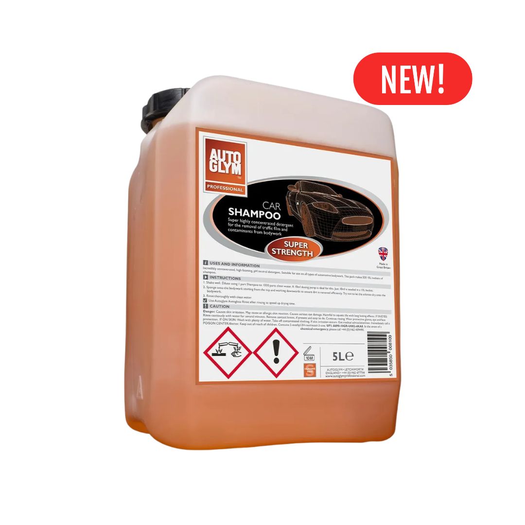 Autoglym car shampoo container with a 'New!' label on a white background