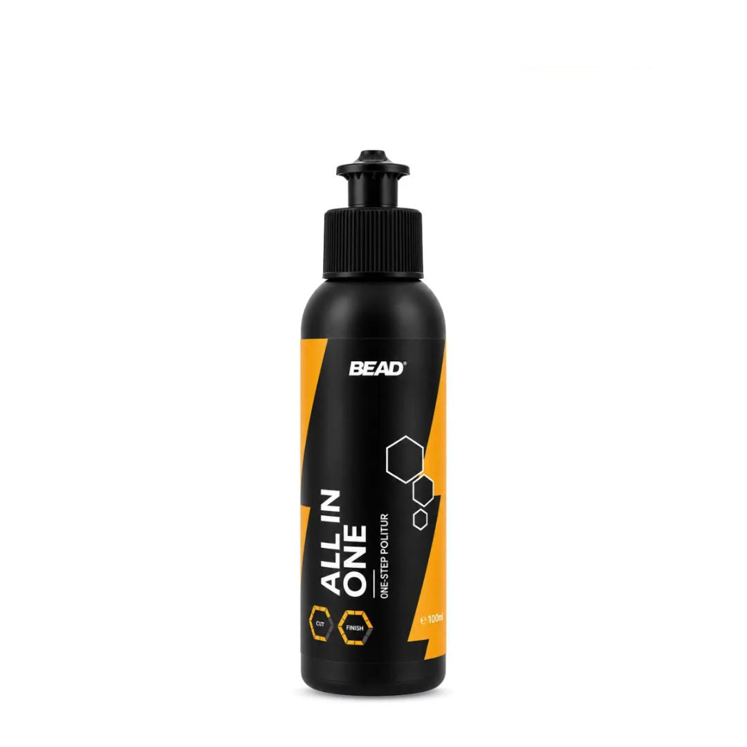 A black bottle of BEAD All In One One Step polishing compound with a black pump dispenser, featuring orange and white graphics on the label. A red 'NEW!' badge is displayed in the top right corner against a plain white background.