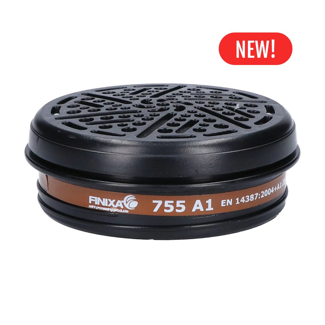 A black round Finixa 755 A1 filter element with a brown band label, shown on a white background with a red 'NEW!' badge in the top right corner.