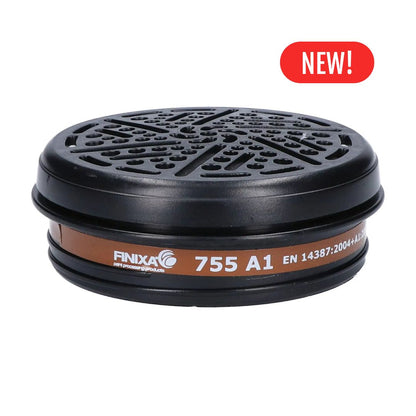 A black round Finixa 755 A1 filter element with a brown band label, shown on a white background with a red 'NEW!' badge in the top right corner.