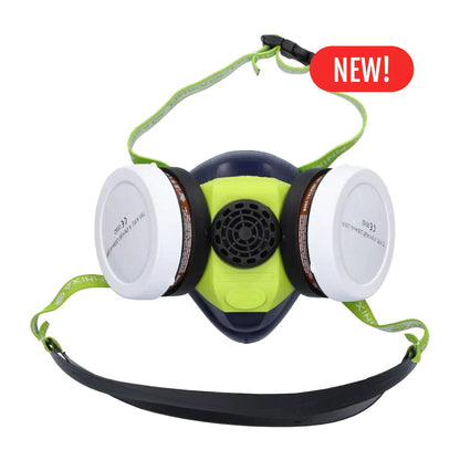 A two-piece respirator mask by Finixia with a lime green and black central body, two white filter canisters, and a black strap, shown on a white background with a red 'NEW!' badge.
