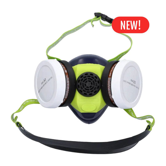 A two-piece respirator mask by Finixia with a lime green and black central body, two white filter canisters, and a black strap, shown on a white background with a red 'NEW!' badge.
