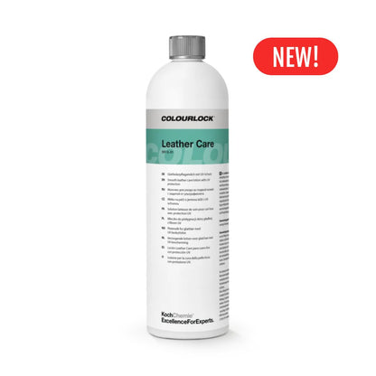 Bottle of Colourlock Leather Care on a white background with a 'New!' label.