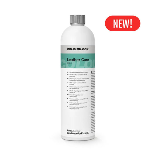 Bottle of Colourlock Leather Care on a white background with a 'New!' label.