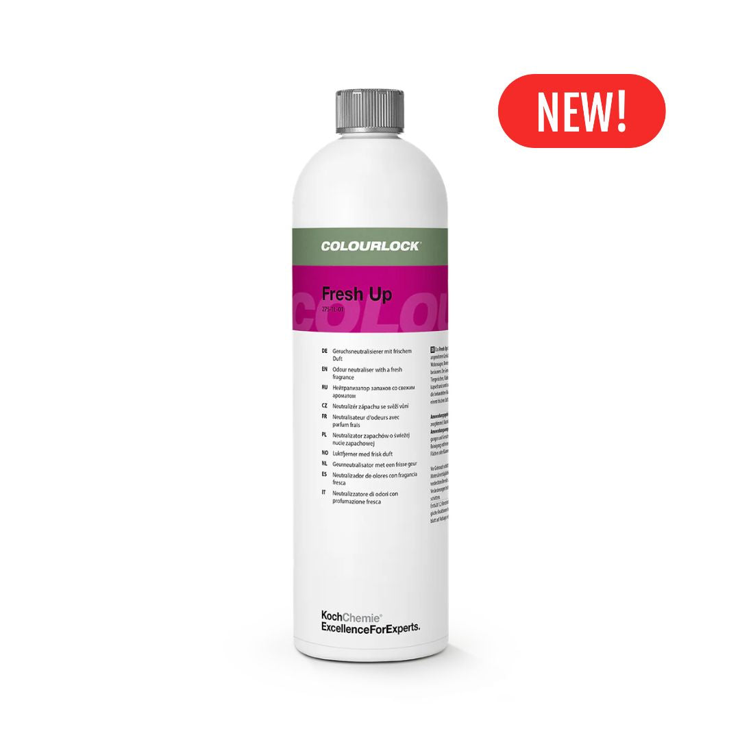 White bottle of Koch Chemie Colourlock FU Fresh Up with a red 'NEW!' label on a white background