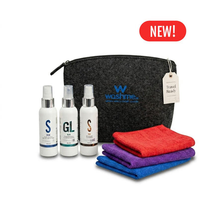Washme travel kit with three bottles and three cloths on a white background