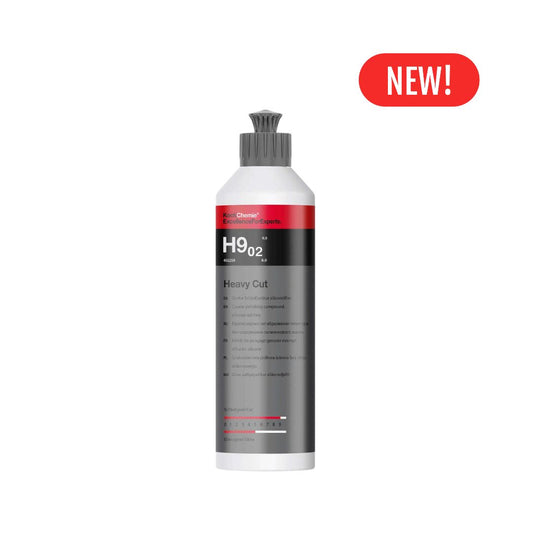 A bottle of Koch Chemie “H9.02. Heavy Cut” polishing compound on a white background with a red 'NEW!' badge in the top right corner.