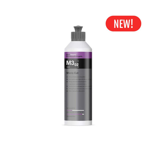 A bottle of M302 Micro Cut polishing compound by Koch Chemie, featuring a white bottle with a dark gray label and a purple accent band, set against a plain white background.
