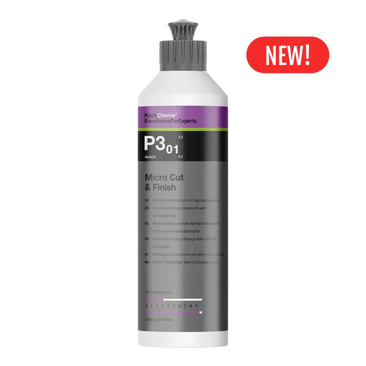 A bottle of Koch Chemie Micro Cut & Finish P3.01 polishing compound, featuring a white bottle with a dark grey cap and a dark grey label with purple accents, set against a plain white background with a red 'NEW!' badge in the top right corner.
