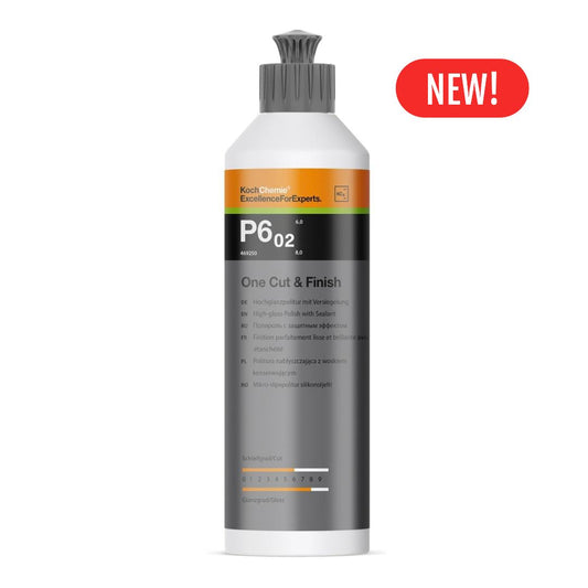 A bottle of Koch Chemie Professional P6 02 polishing compound, a one-cut and finish adhesive resin, shown on a white background with a red 'NEW!' badge in the top right corner.