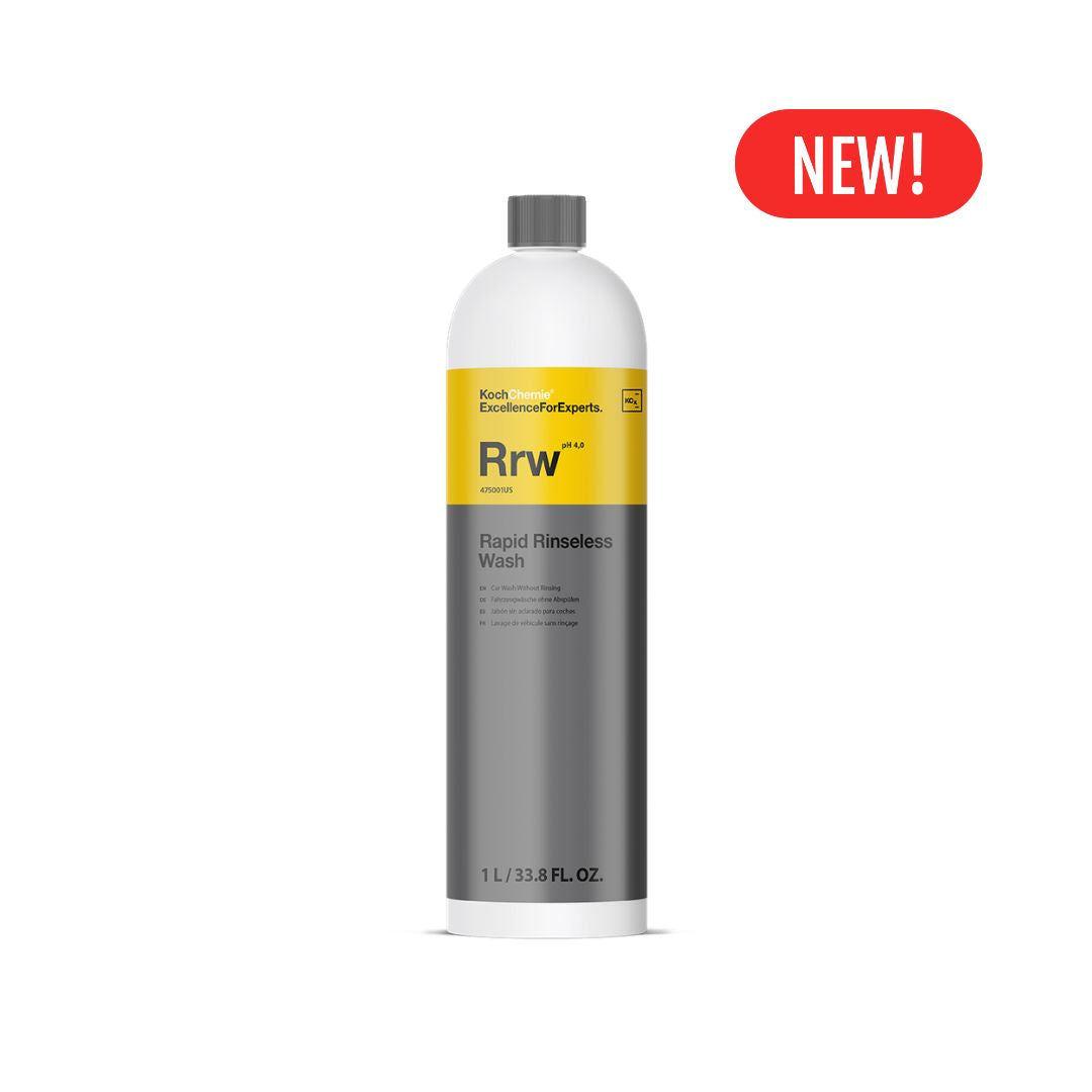 Bottle of Koch Chemie RRW Rapid Rinseless Wash with a yellow label on a white background