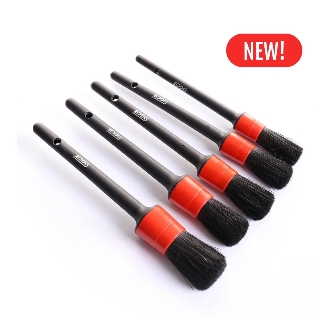 Set of five New SGCB Detailing brushes with red sleeves and measurements on a white background