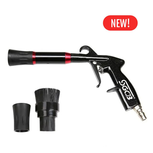 A black SGCB SGGC077 air blower spray gun with red accent rings, shown alongside two black nozzle attachments on a white background, with a red 'NEW!' badge in the top right corner.
