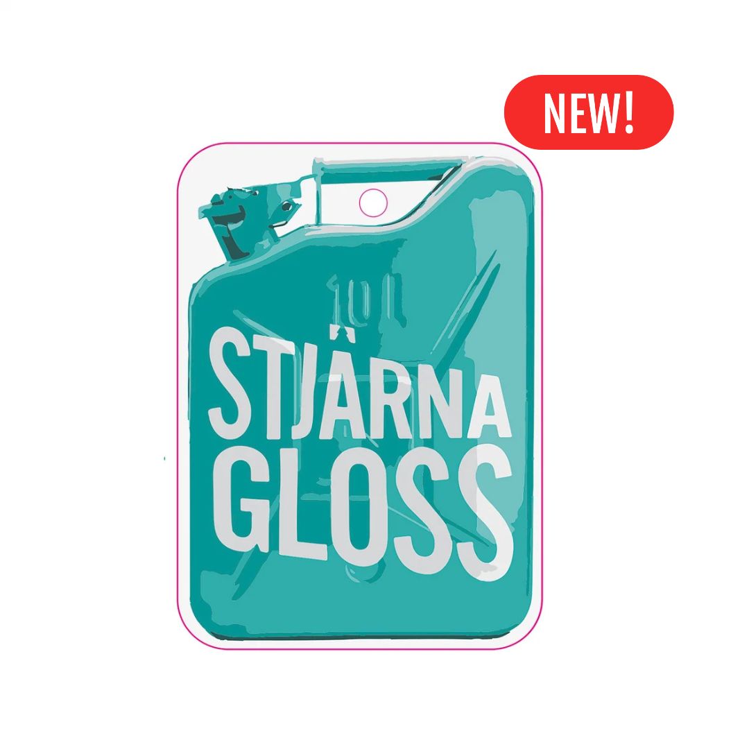 A teal gloss paint can graphic car air freshener with large white text reading 'STJARNAGLOSS' on a white background, plus a red oval badge in the top right that says 'NEW!'.