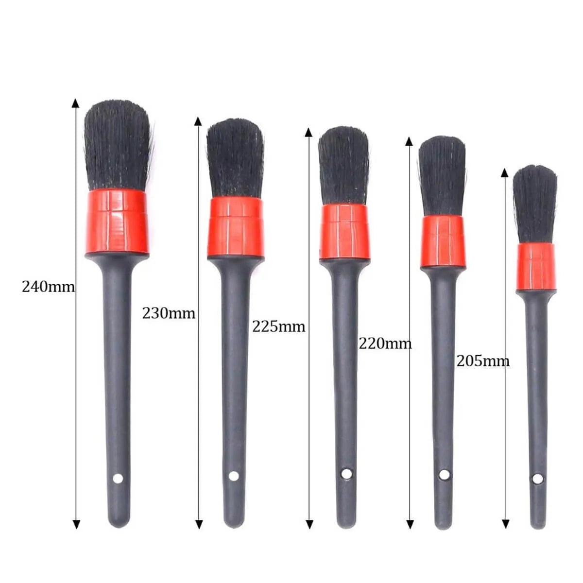 Set of five SGCB Detailing brushes with red sleeves and measurements on a white background