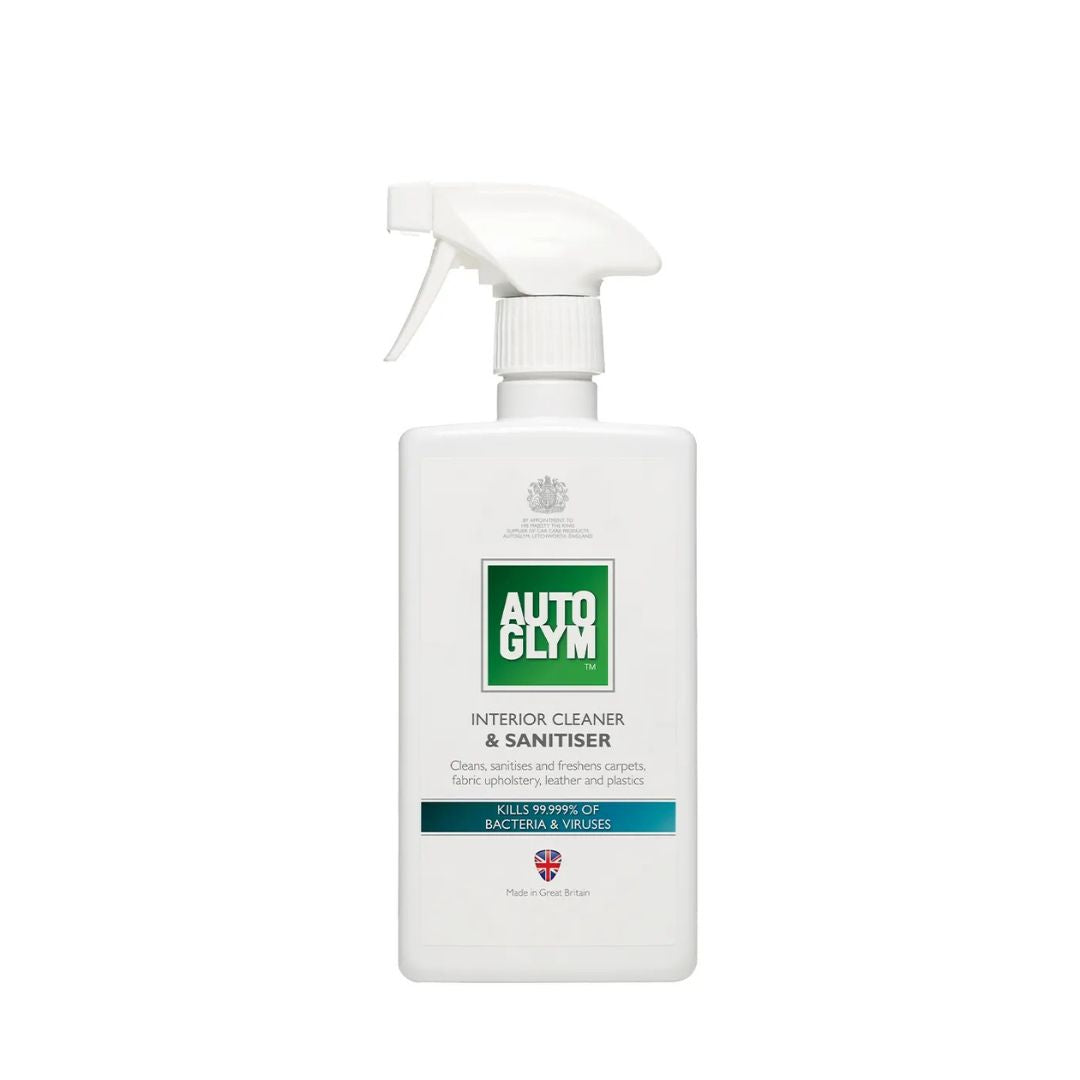 Autoglym interior cleaner and sanitiser spray bottle on a white background
