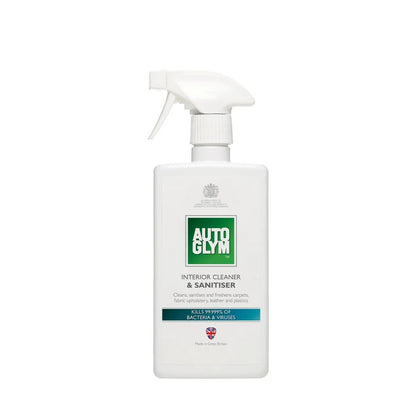 Autoglym interior cleaner and sanitiser spray bottle on a white background