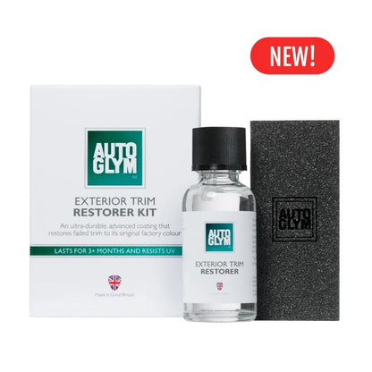 Autoglym exterior trim restorer kit with bottle, box, and black applicator on a white background