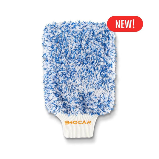 Blue and white wash mitt with 'Ewocar' branding on a white background