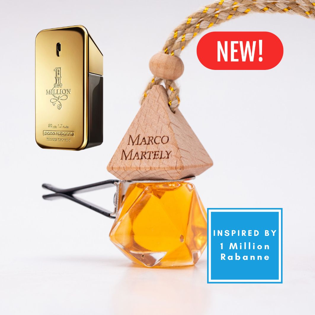 Marco Martely perfume bottle Paco Rabanne Millionaire with wooden top and gold packaging on a white background