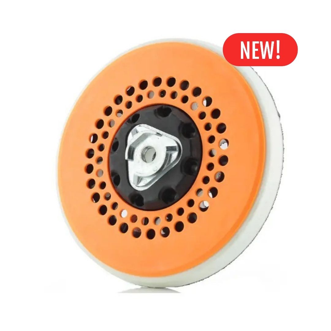 ShineMate Dust Devil V3 Backing Plate 5″ (Fits Liquid Elements T4200). An orange and white circular backing plate tool with a black center hub and silver metallic core, shown on a white background with a red 'NEW!' badge in the top right corner.