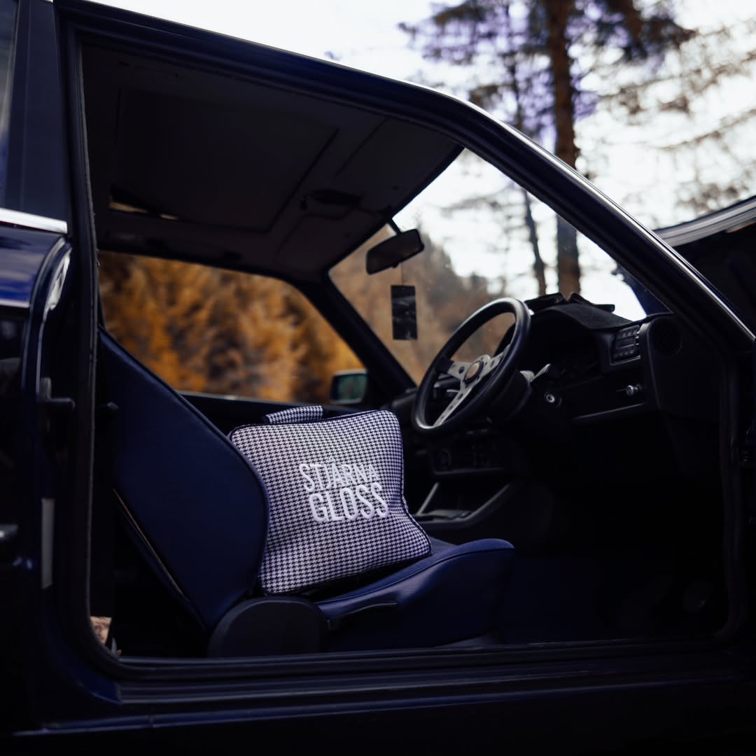 Car interior with a pillow on the seat, surrounded by trees outside