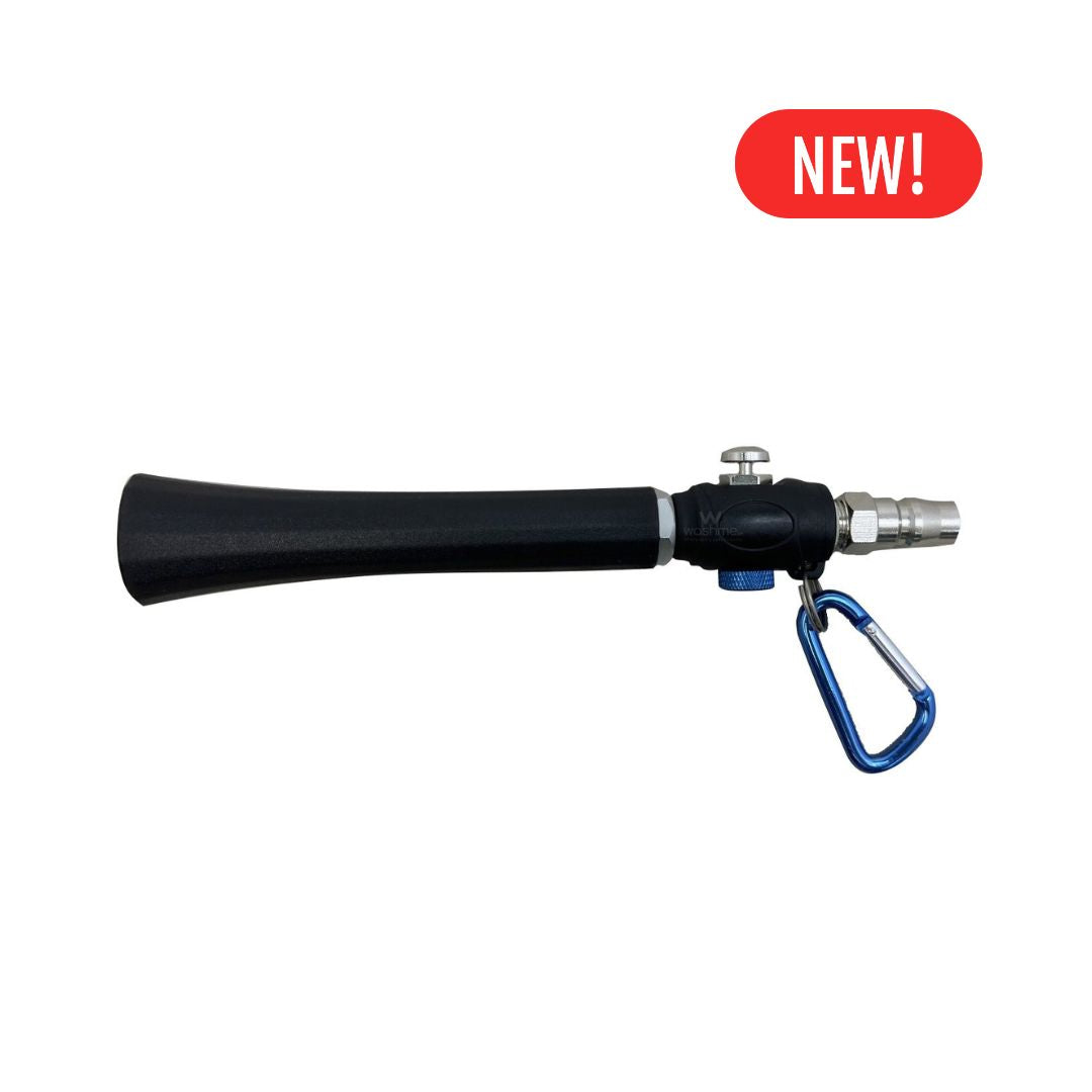 Black and blue air blower device with a carabiner on a white background, featuring a 'NEW!' label.