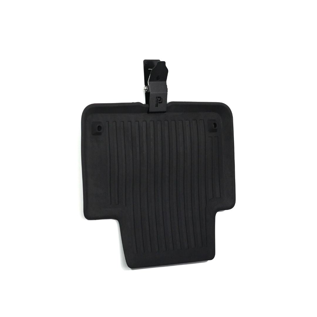 Black Poka Premium mat holder attached to a black car mat on a white background