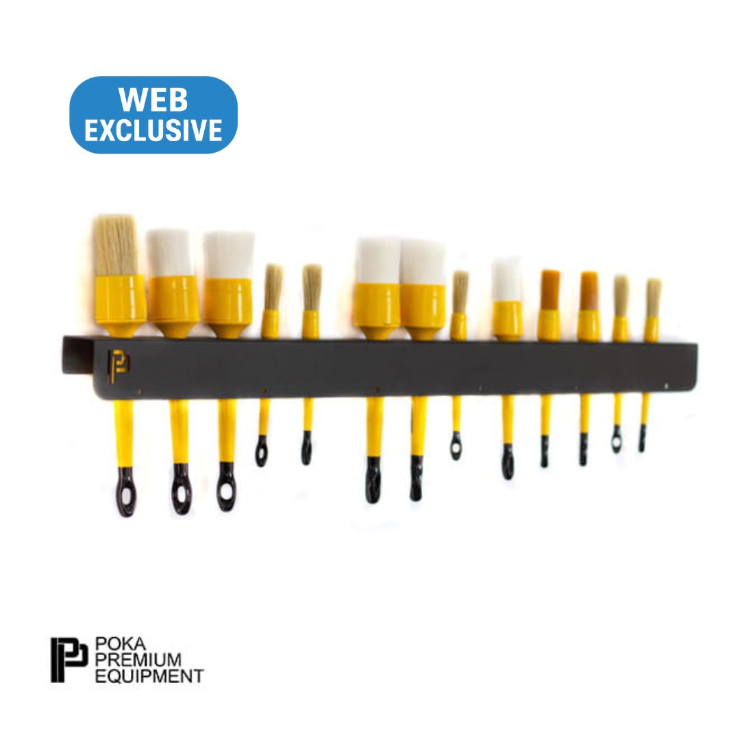 Set of paint brushes with yellow handles on a black holder against a white background, featuring 'Poka Premium Equipment' branding.