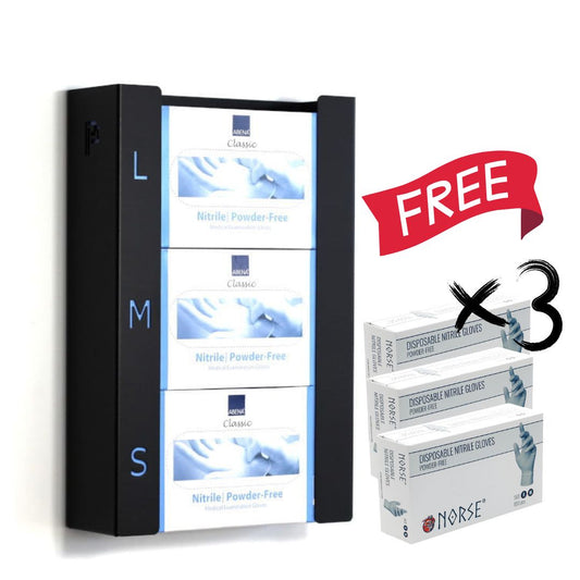 Display case with boxes of gloves and a free offer sign on a white background