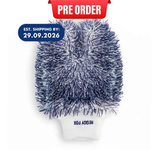 A pre-order car wash mitt glove from Reggy Fox, featuring a navy blue and white shaggy scrubber top on a white knit cuff, with red and blue order status graphics on a white background.