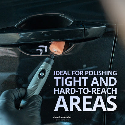 Chemicalworkz Flexible Mini Nano Polisher Kit Person using a car detailing tool on a car door handle with text about its use.