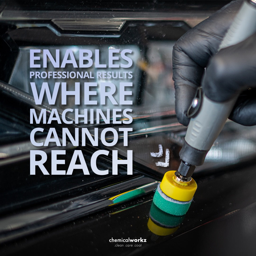 Chemicalworkz Flexible Mini Nano Polisher Kit Person using a detailing tool on a car window with text about professional results.