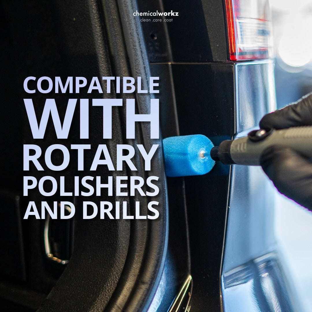 Chemicalworkz Flexible Mini Nano Polisher Kit Person using a rotary tool on a car door with text about compatibility with rotary polishers and drills.