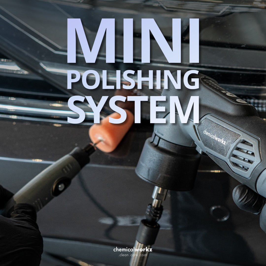 Chemicalworkz Flexible Mini Nano Polisher Kit Mini polishing system with car in the background