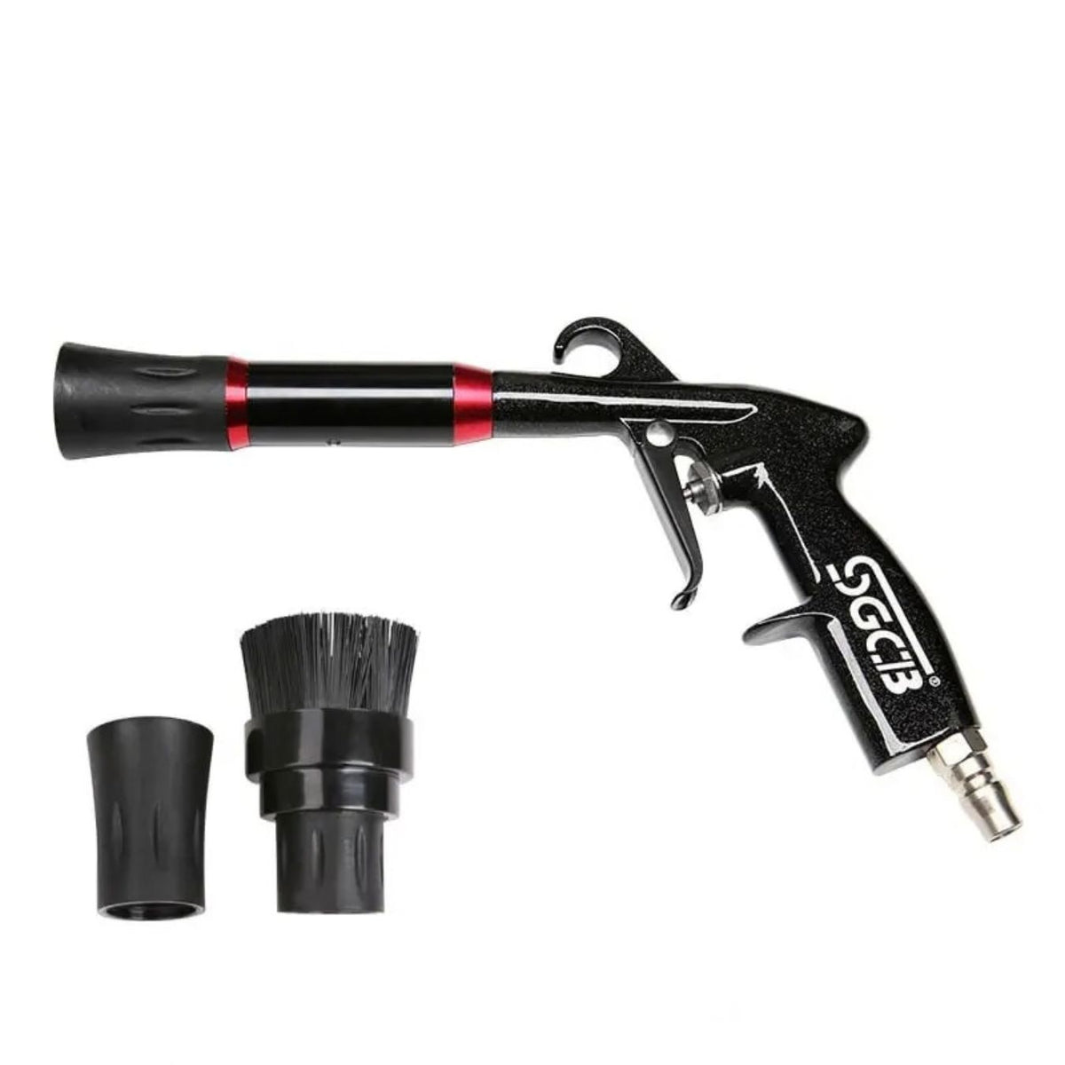 A black SGCB SGGC077 air blower spray gun with red accent rings, shown alongside two black nozzle attachments on a white background, 