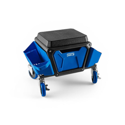 SGCB Ireland Creeper seat. Workshop chair. Polishing chair. meachine roller chair. chair for detailing and polishing. blue chair with rolls for workshop. cushioned seat. SGCB roller seat. SGCB Ireland