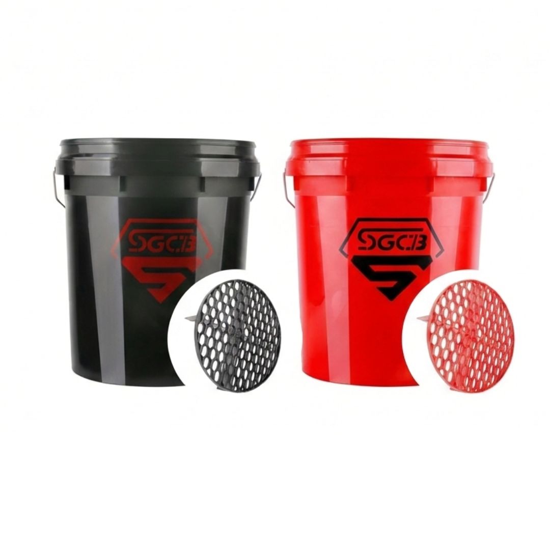 Black and red SGCB buckets with visible brand logo, grit guards on a white background