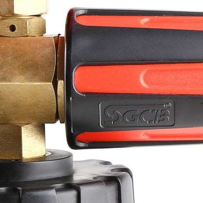 Close-up of a brass valve and red and black tool with a visible brand logo on a white background.