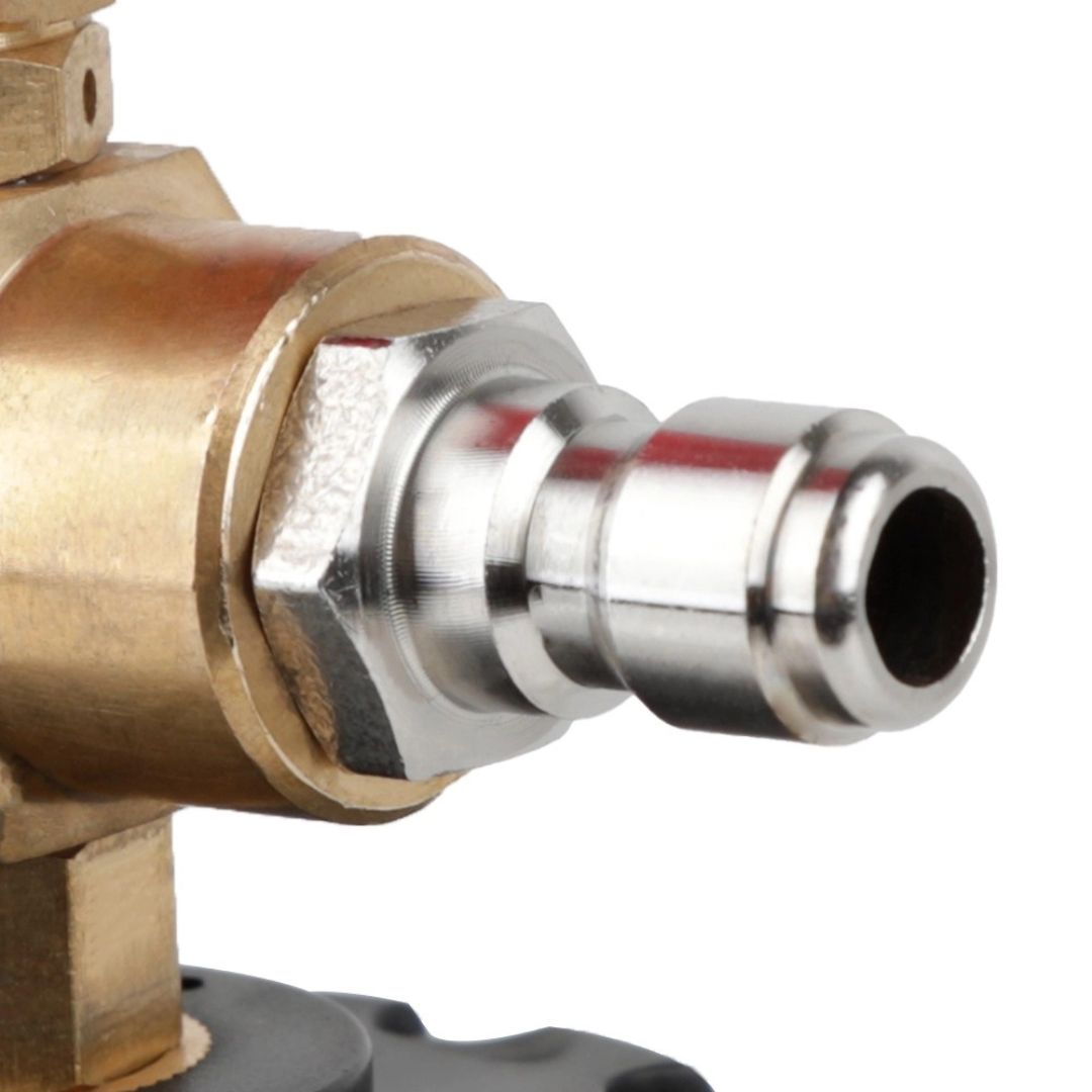 Close-up of a brass and metal fitting on a white background