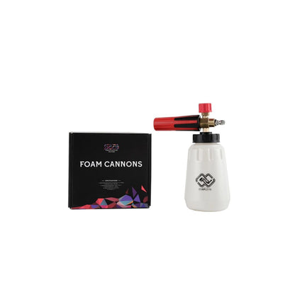 White foam cannon with red top and black nozzle next to its packaging on a white background