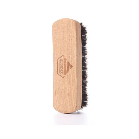 SGCB fabric and Leather Brush. Wooden top and horse hair bristles. brown brushes. SGCB Ireland, SGCB Cork Ireland