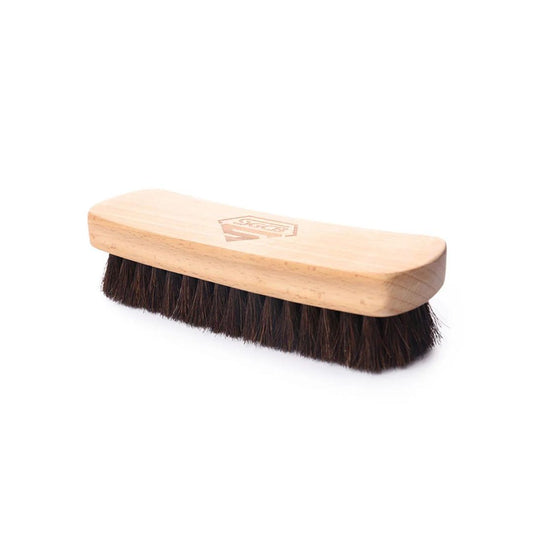 SGCB fabric and Leather Brush. Wooden top and horse hair bristles. brown brushes. SGCB Ireland, SGCB Cork Ireland
