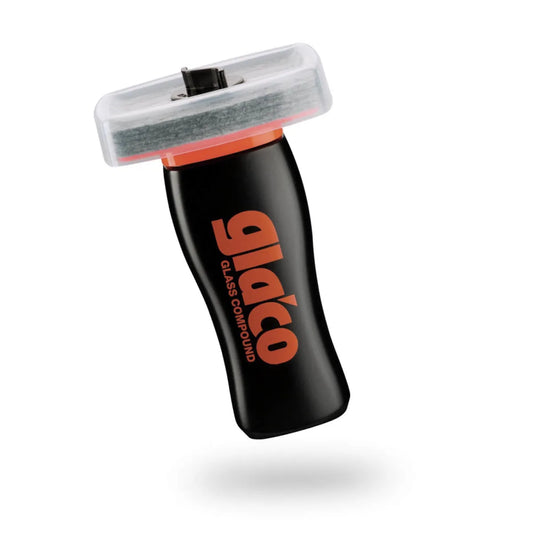 Soft99 Glaco compound. Black and orange glass polishing tool with 'Glaco' branding on a white background